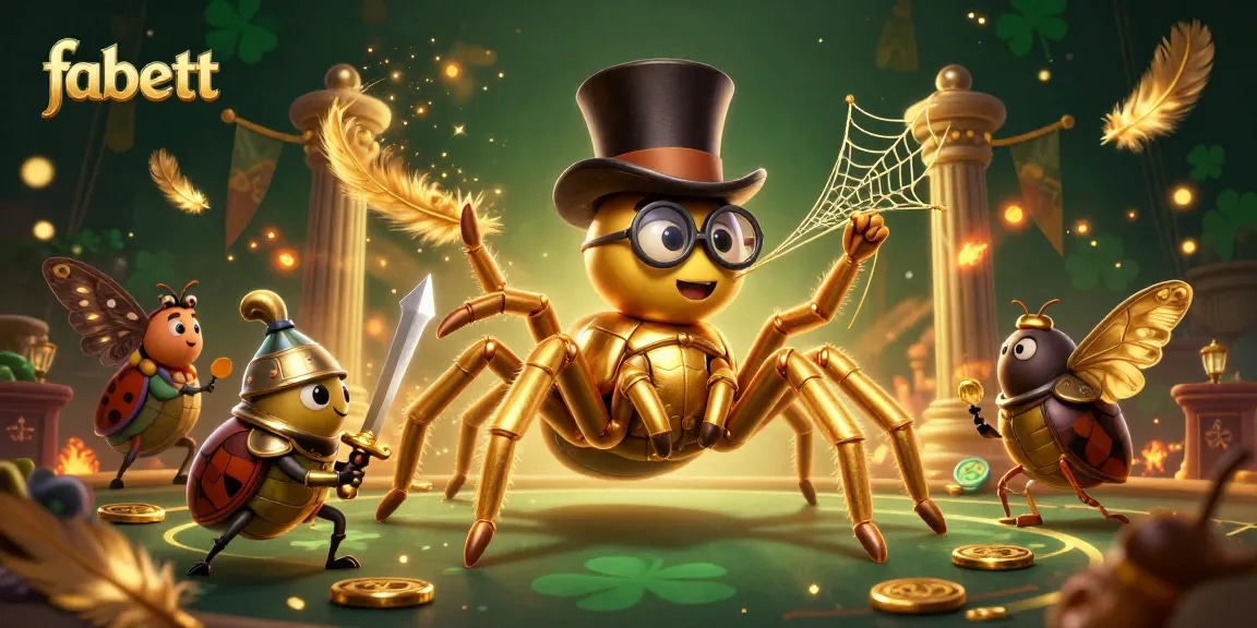 Experience fabett's thrilling casino adventure with a golden spider and beetle knight in action.