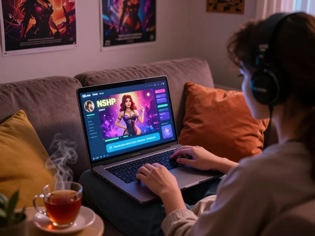 Engaging in an nsfw ai chat in a cozy atmosphere with vibrant characters on laptop.
