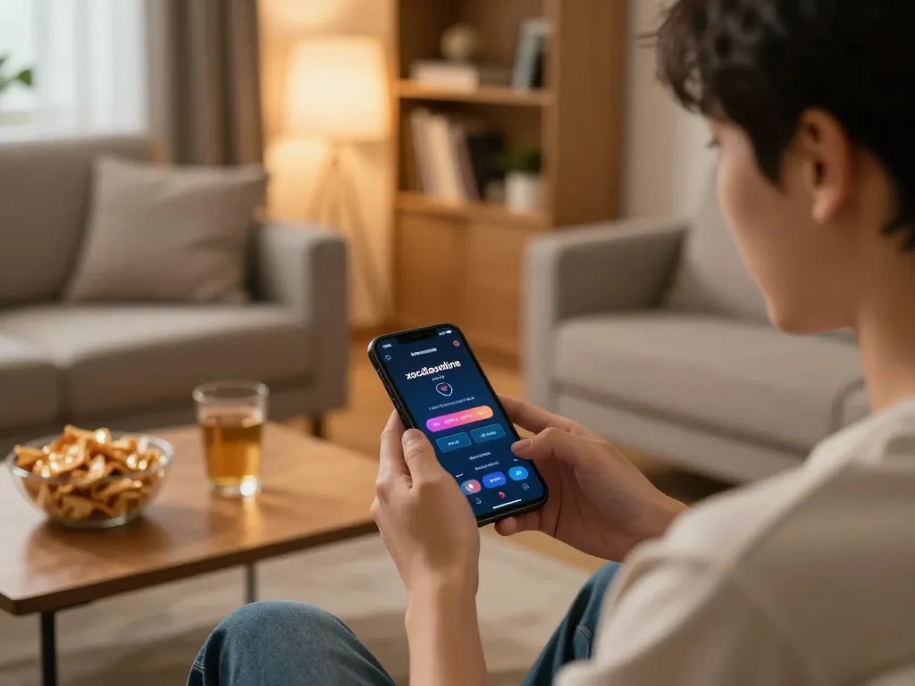Xocdiaonline player enjoying mobile gaming in a cozy apartment setting with snacks and smartphone.