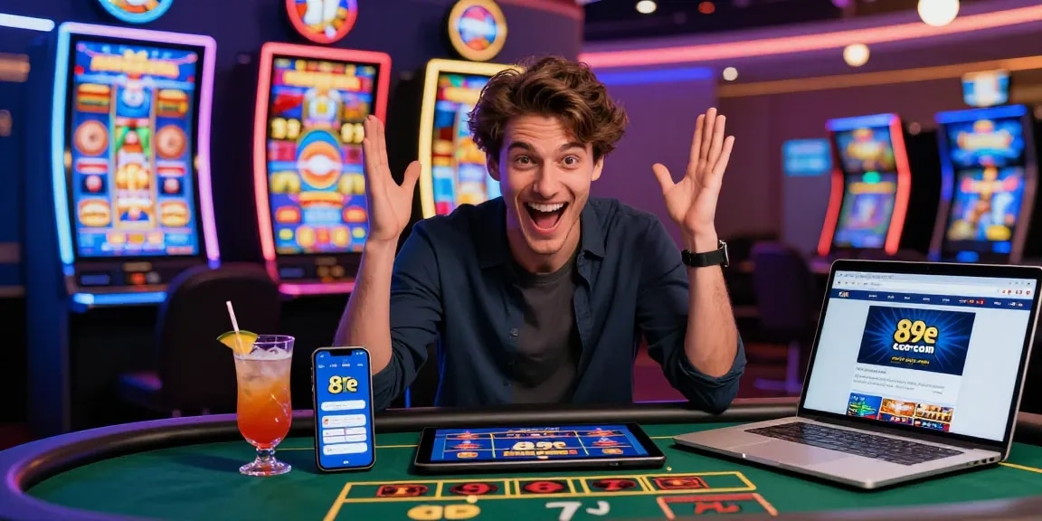 Excited player celebrating a win on 89e com in vibrant online casino.