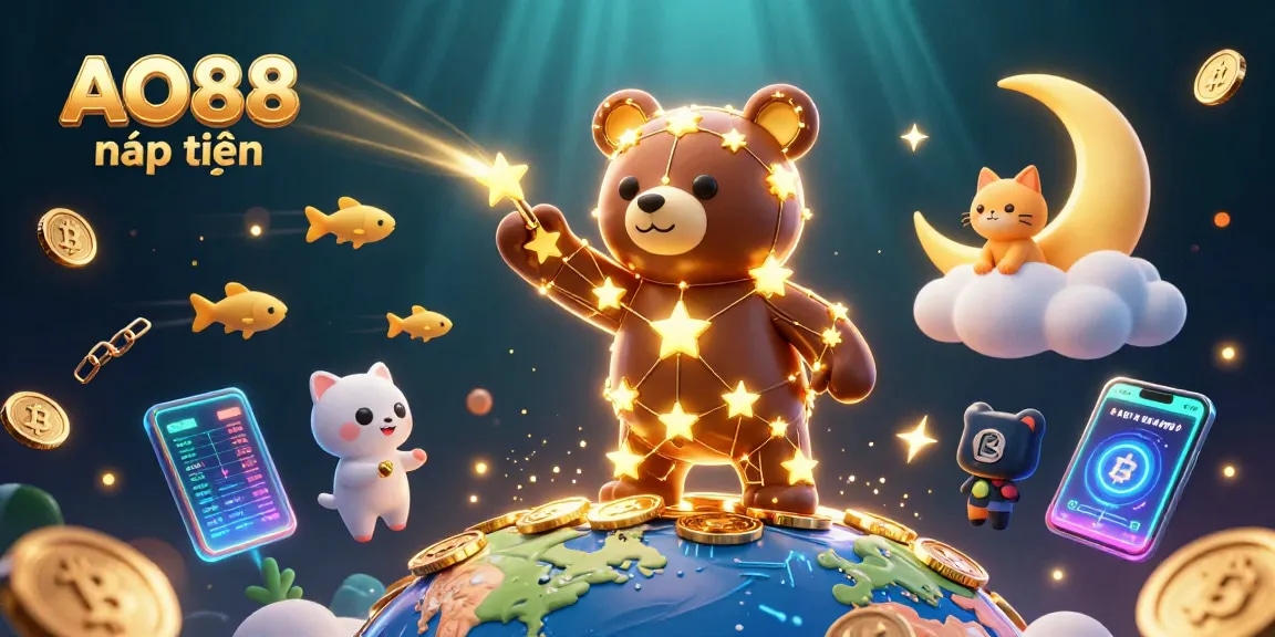 Experience the thrill of AO88 nạp tiền while the constellation bear scoops coins in a vibrant casino world.