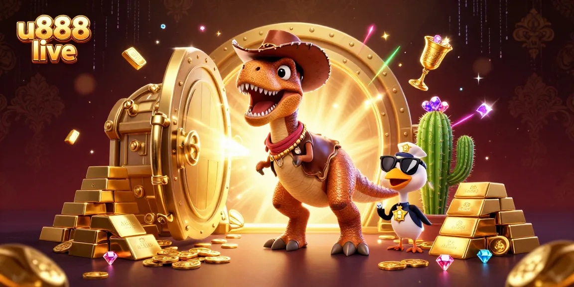 Experience u888 live with thrilling gambling dynamics, featuring a vibrant T-Rex and iconic casino elements.