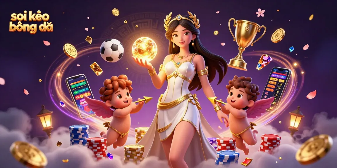 Sparkling sports betting scene featuring soi kèo bóng đá with dynamic characters, golden coins, and betting elements.
