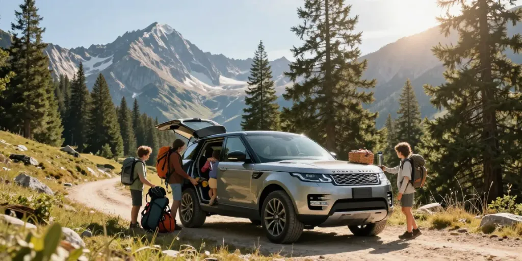 Noleggio lungo termine Land Rover in un'avventurosa scena di famiglia in montagna con paesaggio naturale.