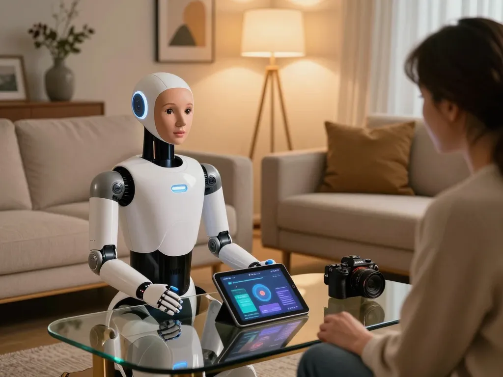Advanced sex bot engaging in interaction with user in a modern living room.