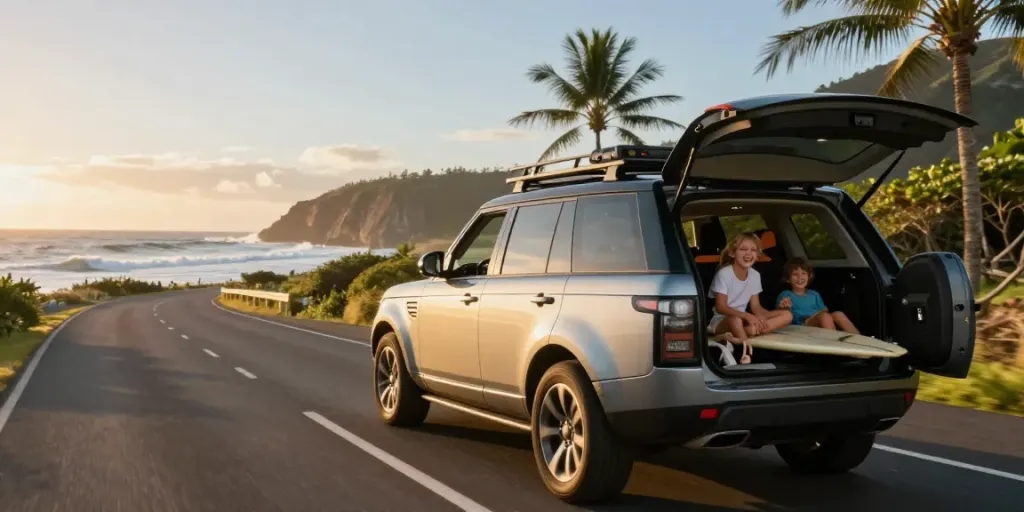 Noleggio lungo termine Land Rover con famiglia in viaggio costiero, scenari sereni e avventura.