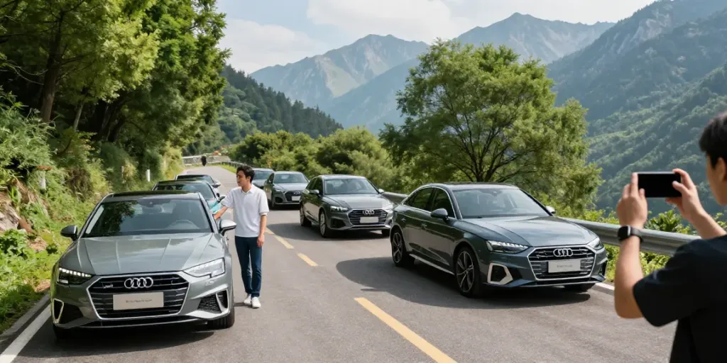 Noleggio lungo termine Audi: modelli Audi A3, A4 e Q5 su una strada panoramica con paesaggio montano.