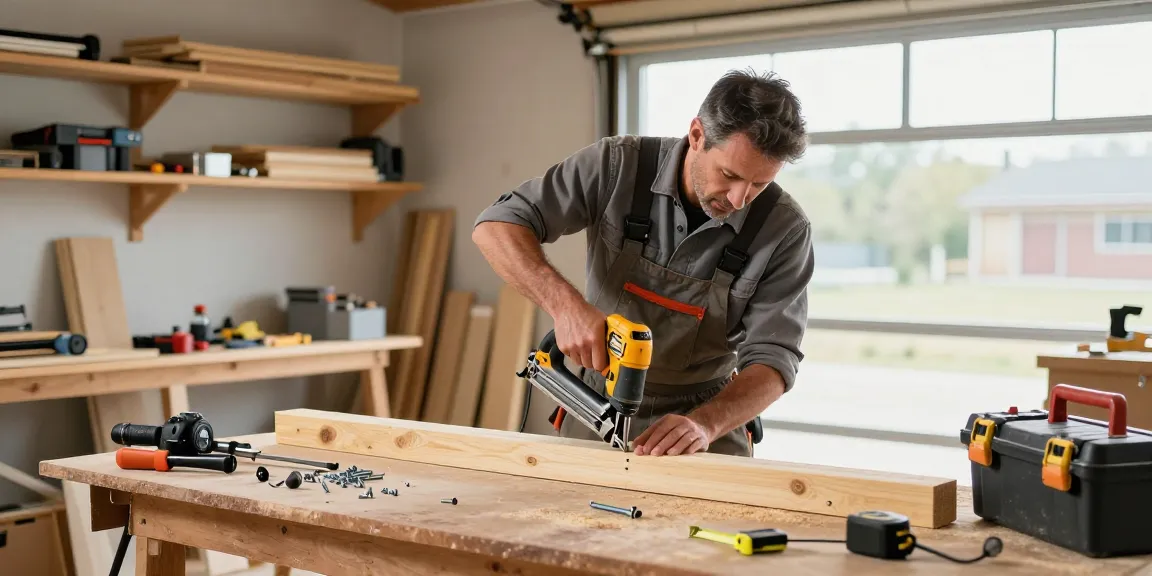 Carpentiere utilizza chiodi dewalt per assemblare travi di legno in un laboratorio ben attrezzato.