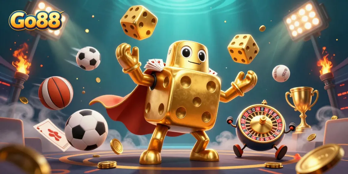 Experience thrilling activities at Go88 with an ultra-detailed golden dice golem surrounded by dynamic betting elements.