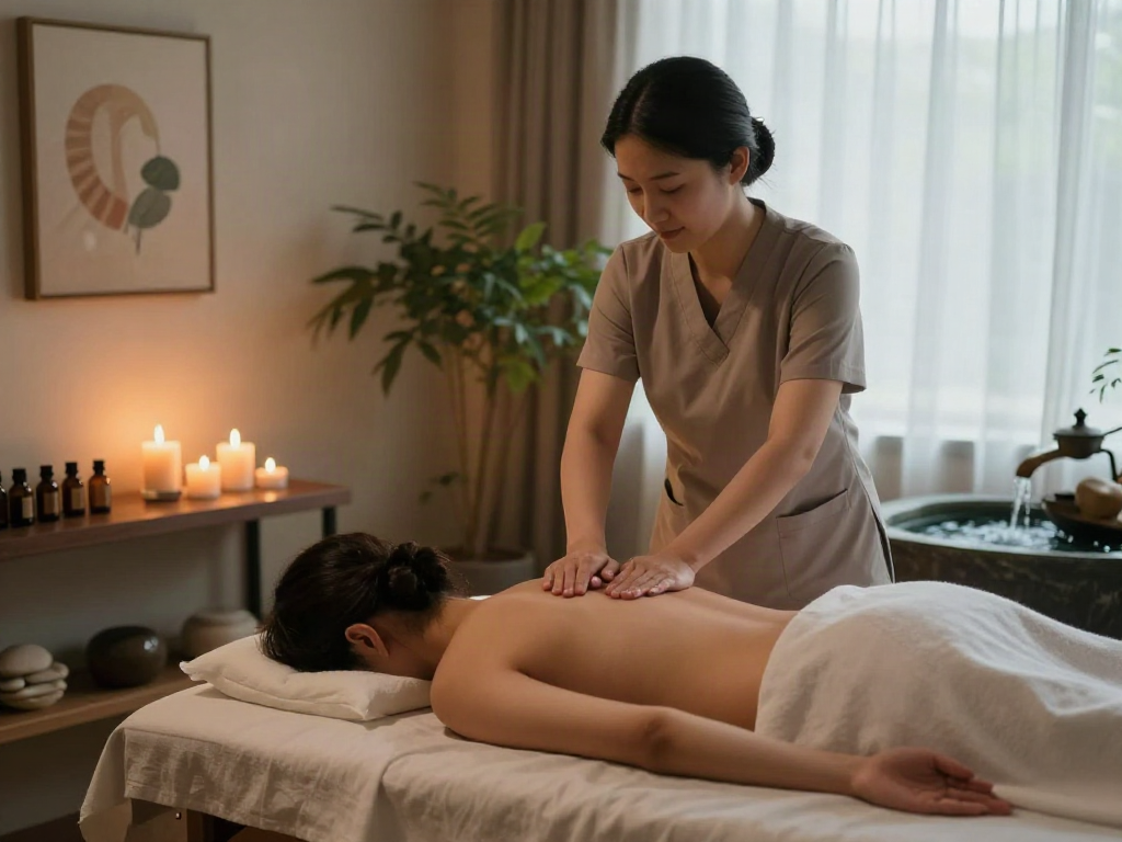 천호동출장마사지 offering a tranquil massage therapy experience with ambiance, calming decor, and soothing lighting.