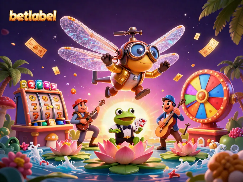 Engage with betlabel's lively casino scene featuring a dragonfly pilot, frog dealer, and jazz musicians.