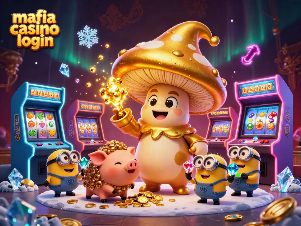 Engage with mafia casino login featuring a golden wizard and treasure-hunting pig in a vibrant casino scene.