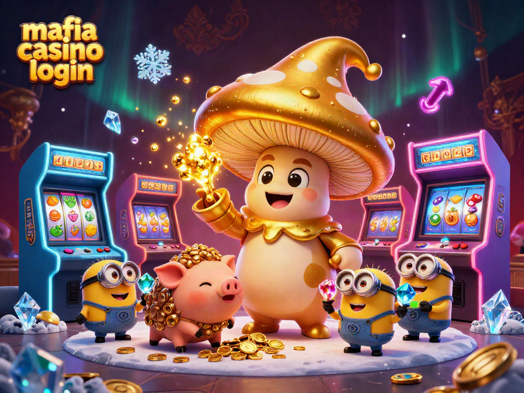 Engage with mafia casino login featuring a golden wizard and treasure-hunting pig in a vibrant casino scene.