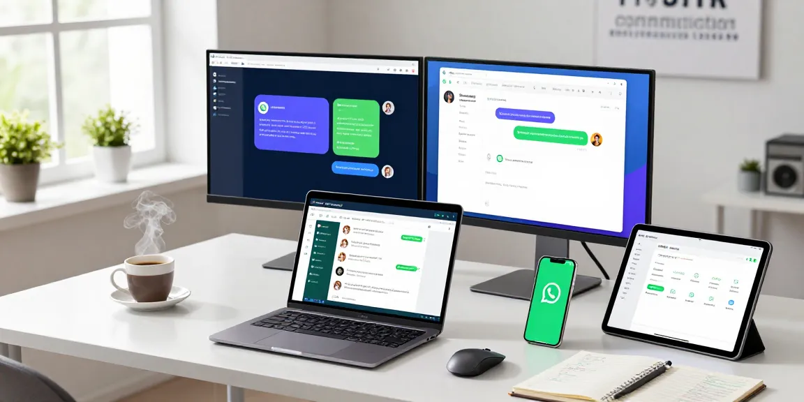 Engaging with WhatsApp網頁版 on a laptop in a modern workspace, showcasing vibrant chat bubbles and notifications.