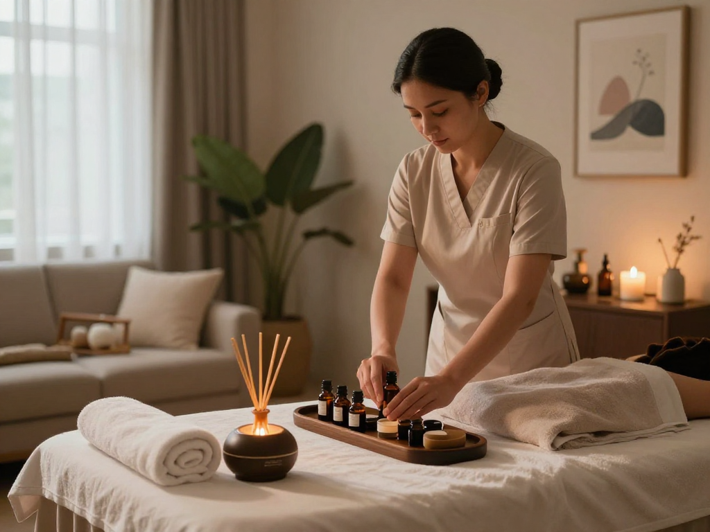 파주출장마사지 in a luxurious home setting with a professional therapist preparing for a client.