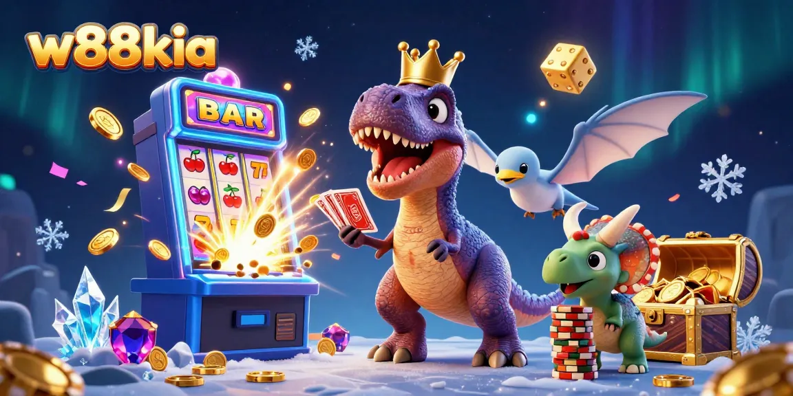 Join the fun at w88kia as a friendly T-Rex plays cards and wins at the casino!