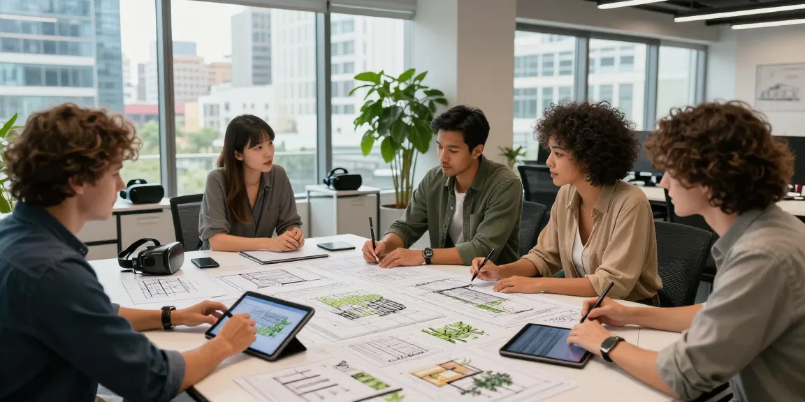 Creative team at ROKOK88 discussing architecture designs in a modern office setting.