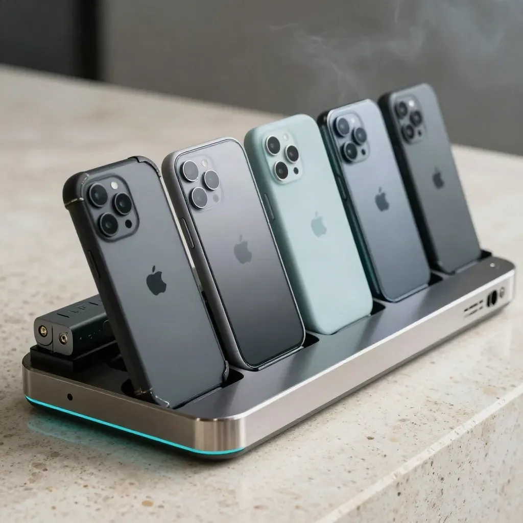 File di dispositivi rugged in carica con batterie e cover, atmosfera tecnologica e pulita.
