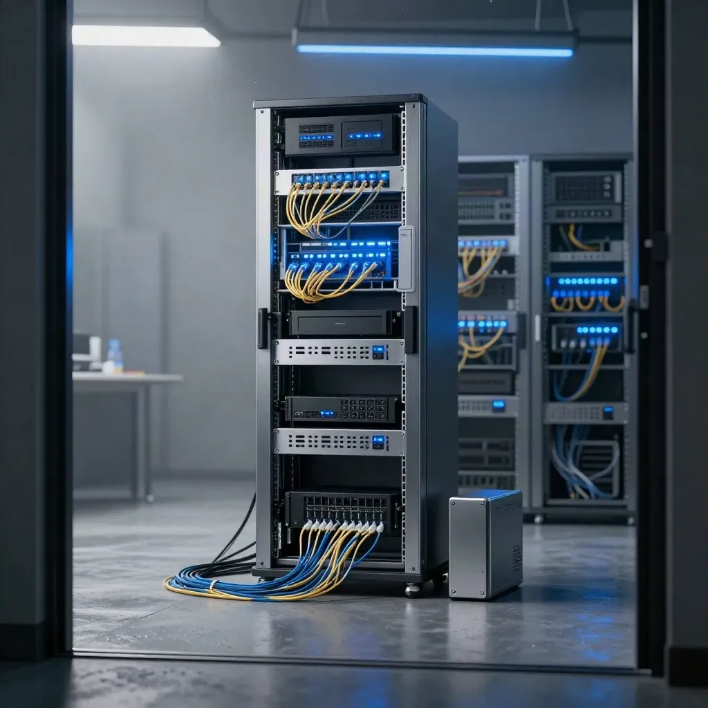 Server room ordinata con rack, fibre ottiche e LED blu in una mattina piovosa.