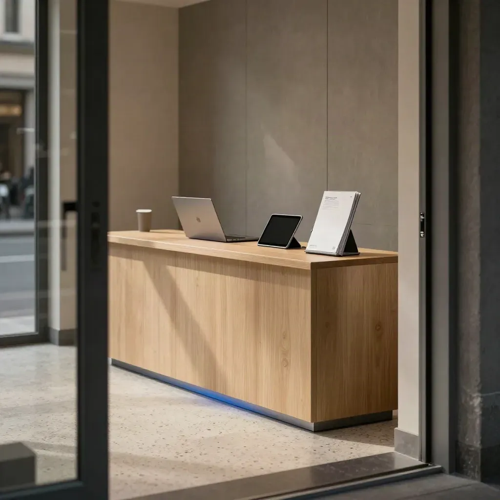 Reception moderna per consulenza IT con laptop chiuso, tablet e brochure eleganti