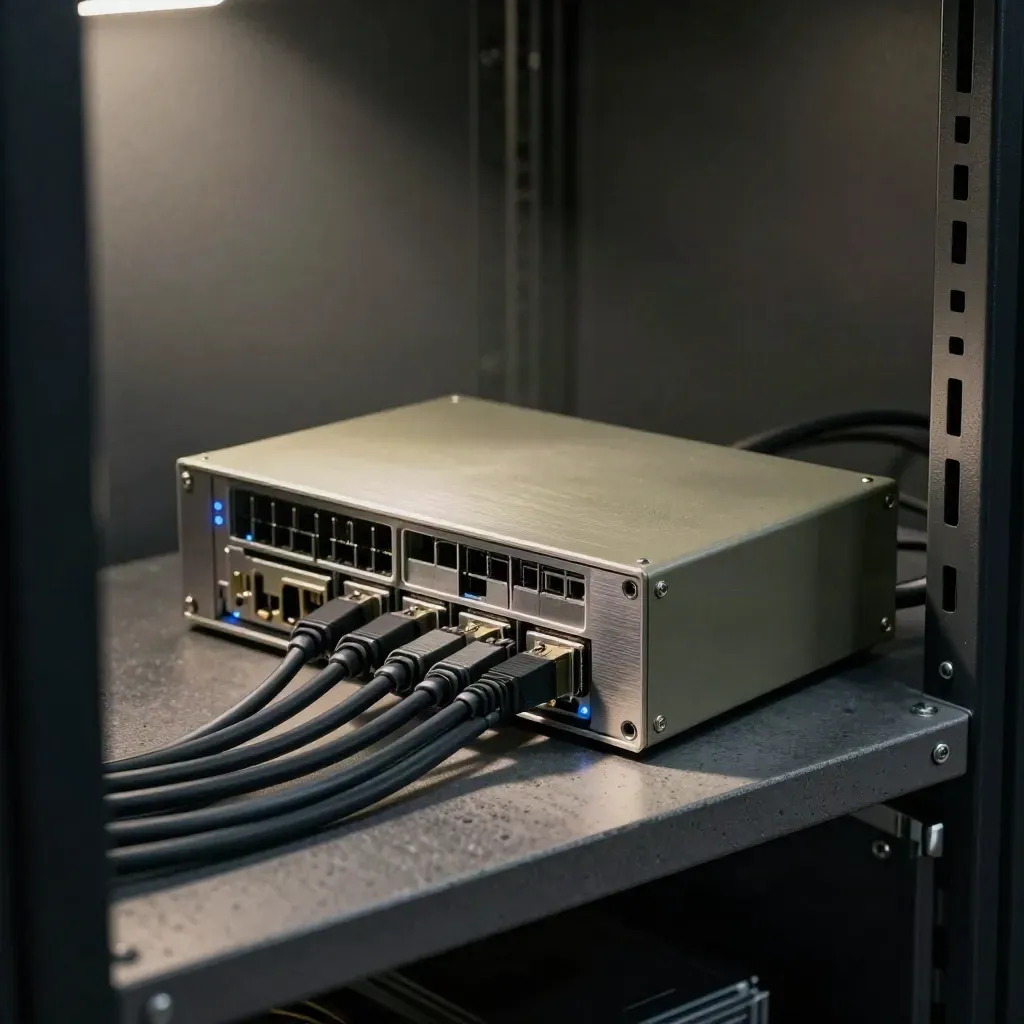 Hub di rete con cavi intrecciati, drive di backup e gateway cloud in un ambiente server scuro.
