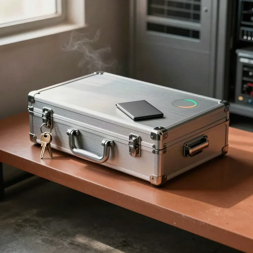 Case metallica di sicurezza, SSD criptato e firewall con anelli di stato in verde su banco terracotta.