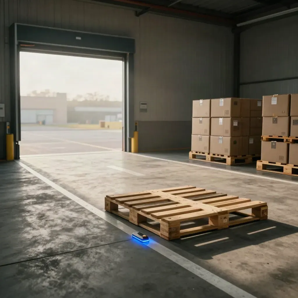 Baia di carico pulita con pallet nuovi, cartoni impilati e luce mattutina diagonale.