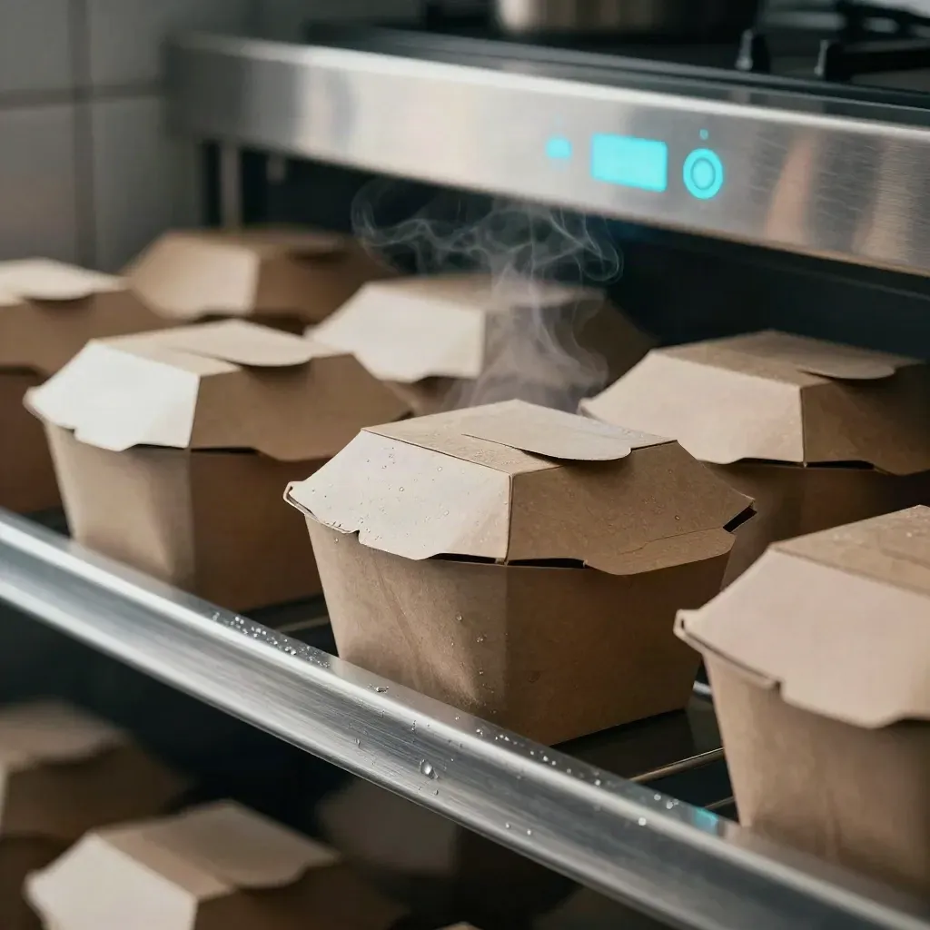 Fila pronta di box take-away su shelf inox con vapore e luce ciano