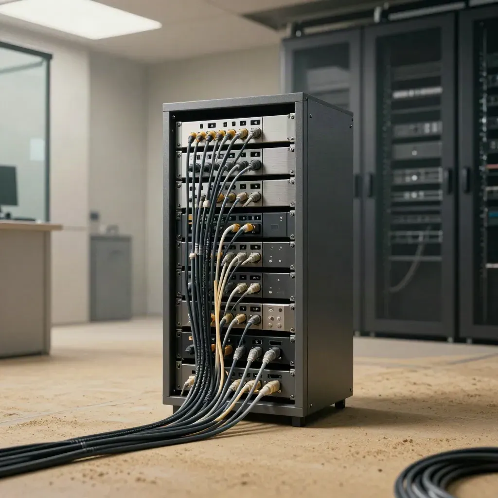Armadio sync centrale con cavi dati convergenti, hub master e drive in una sala IT elegante.