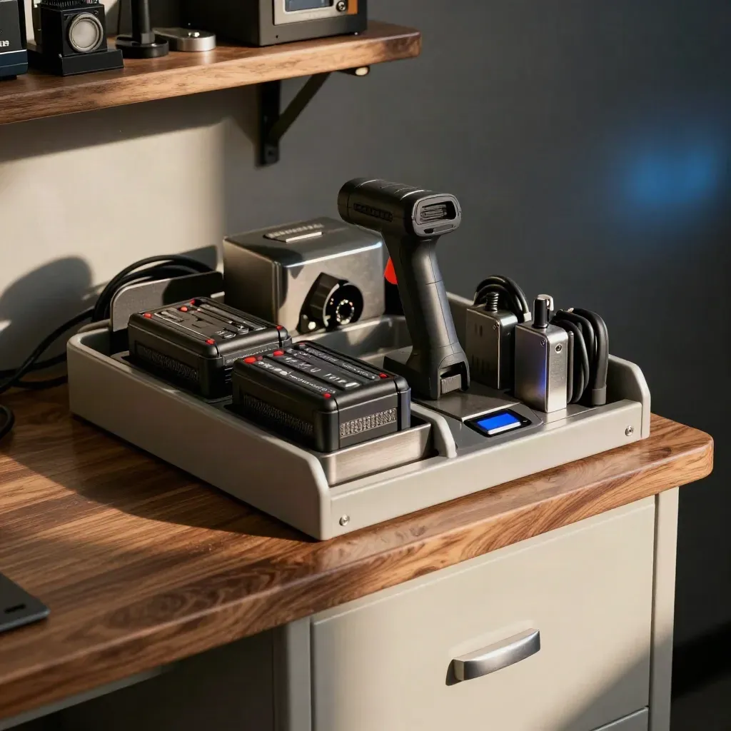 Banco tecnico con cradle, batterie, scanner e utensili in luce calda da officina.