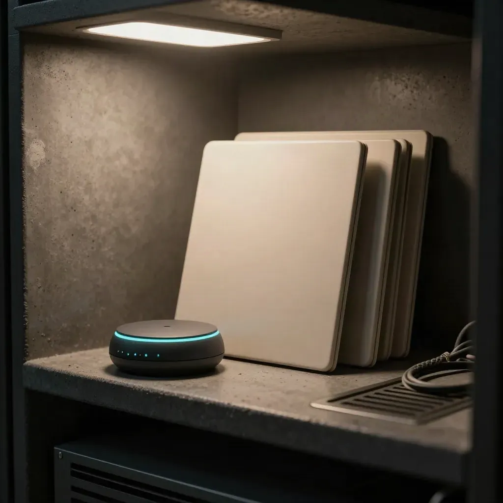 Tile di risposta AI, puck vocale e luci notifica su scaffale server, luce ciano.