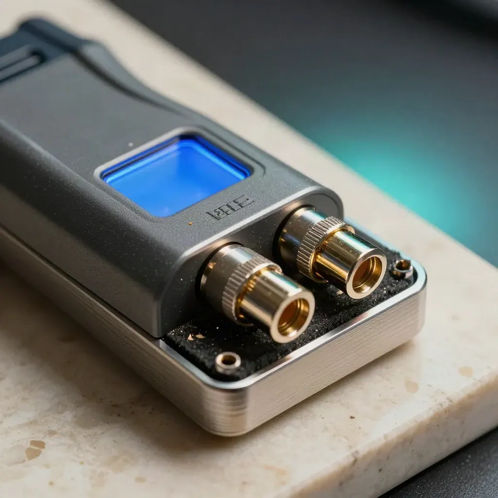Kit di ispezione fibra ottica aperto su travertino, con tester, loopback e bagliore blu.
