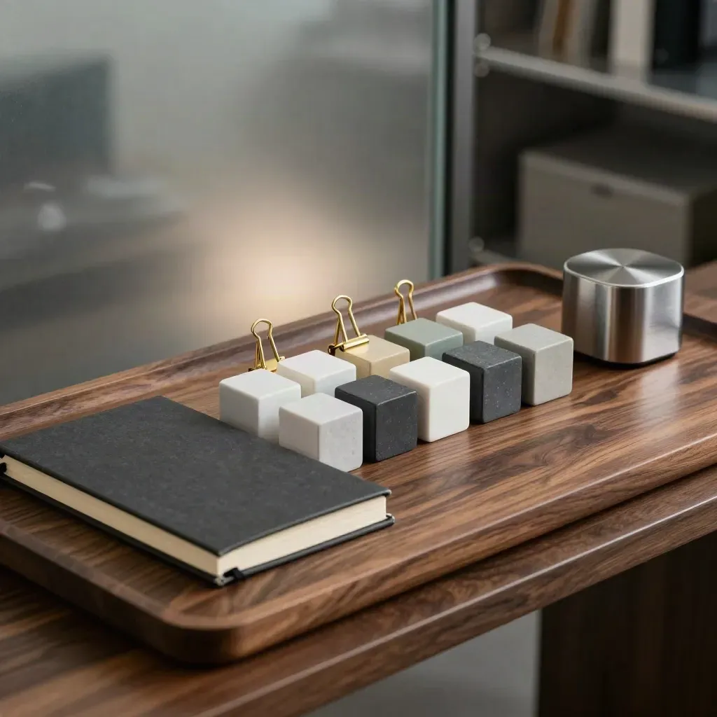 Cubi magnetici, graffette in ottone, taccuino chiuso e timer su vassoio scuro in luce drammatica