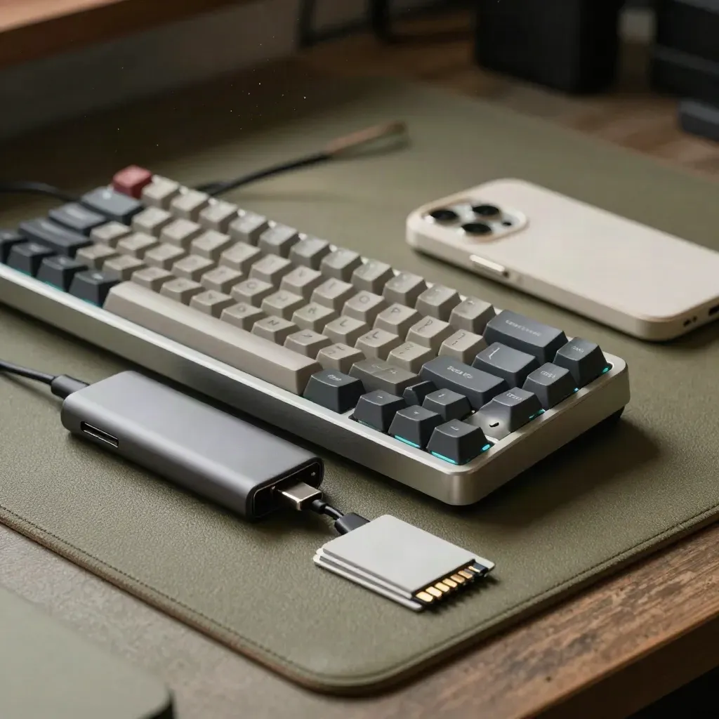 Tastiera meccanica, hub USB-C, scocche prototipo e schede adattatore su banco tecnico.