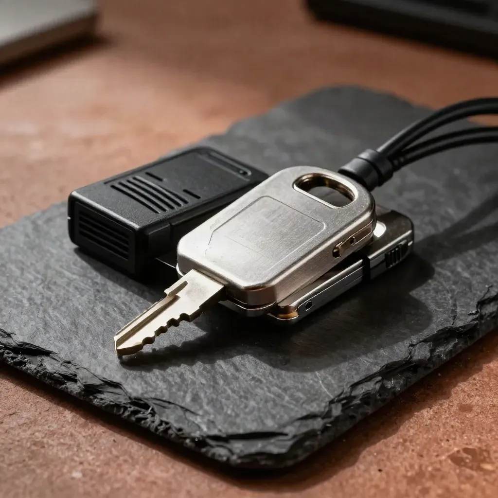 Chiave di sicurezza, drive cifrato e firewall su pietra scura, luce morbida e ombre tese