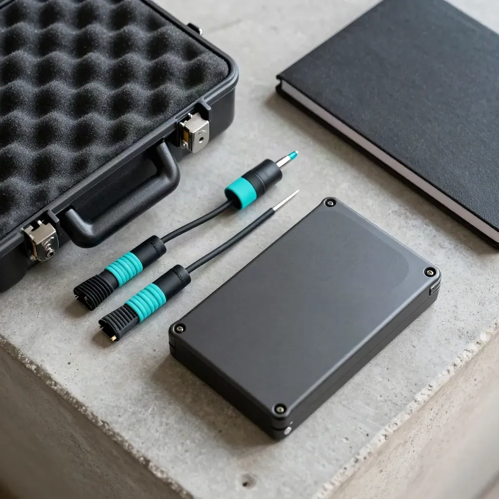 Kit per analisi IT con sonda fibra, cavi patch, disco di backup sigillato e taccuino chiuso.