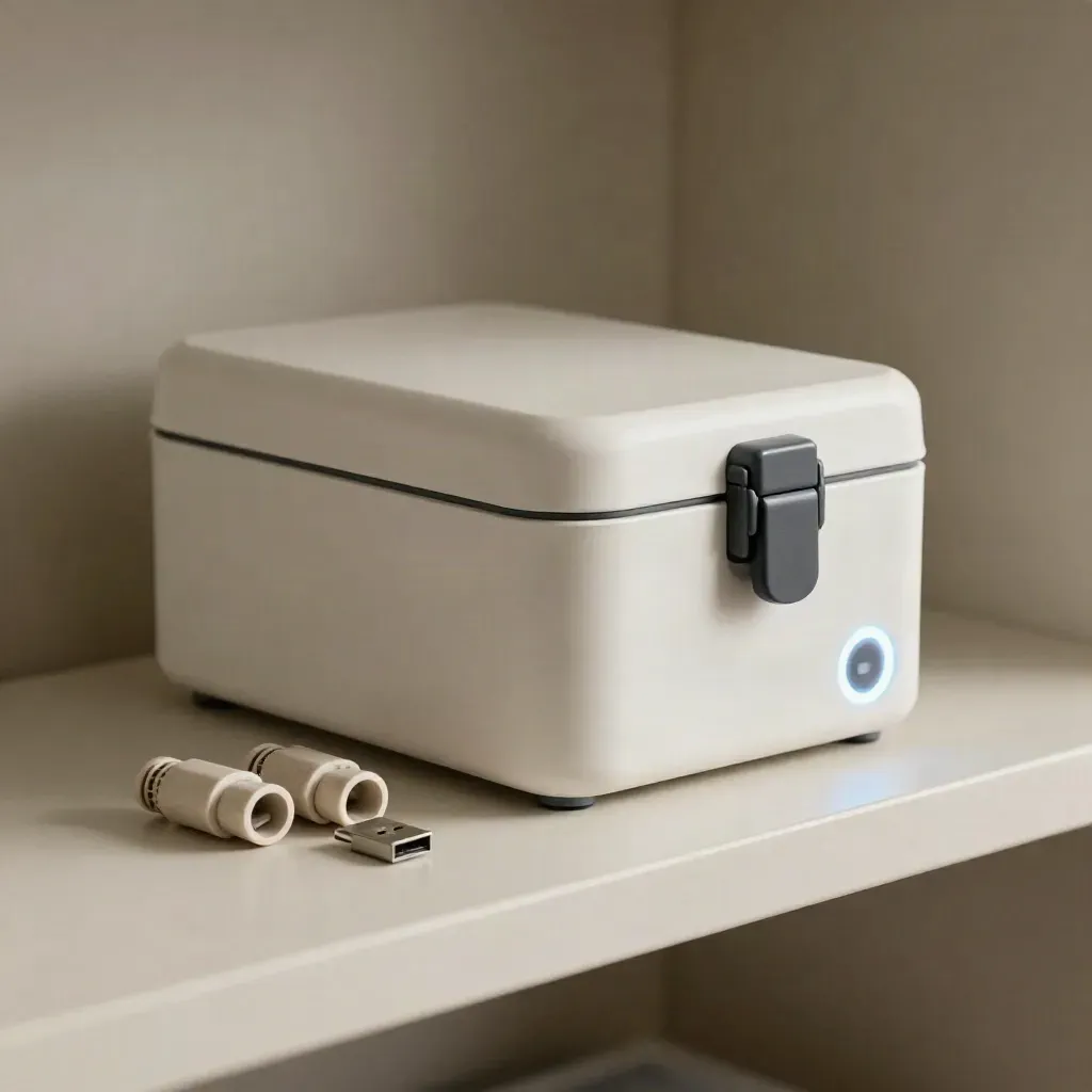 Kit di deployment con chiavetta USB, coupler e anello di stato blu su fondo chiaro.