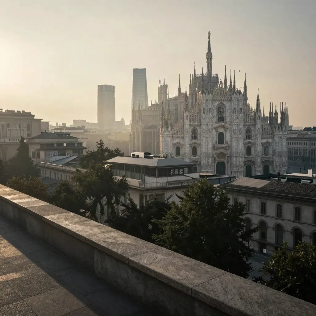 Veduta ampia di Milano all’alba con Duomo, torri moderne e tetti sfumati nella foschia.