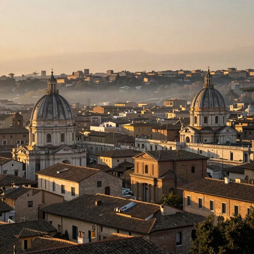 Roma al mattino con cupole, tetti di terracotta e il Tevere in una luce dorata.