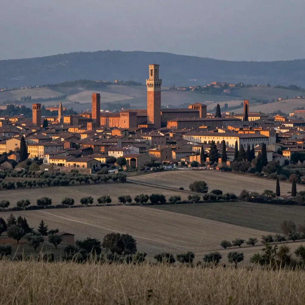 Panorama dell’Emilia-Romagna con Bologna alta tra colline e campi nella luce del tramonto