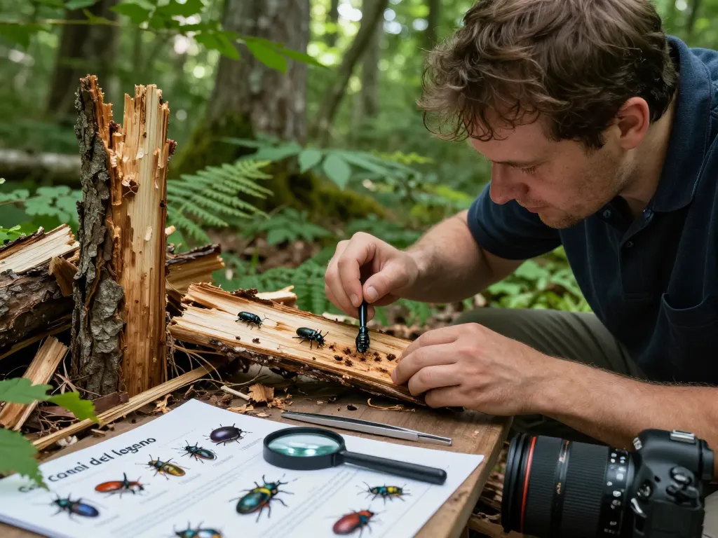 Primo piano di un entomologo che studia coleotteri del legno, con campioni di legno e segni di infestazione in un ambiente forestale.