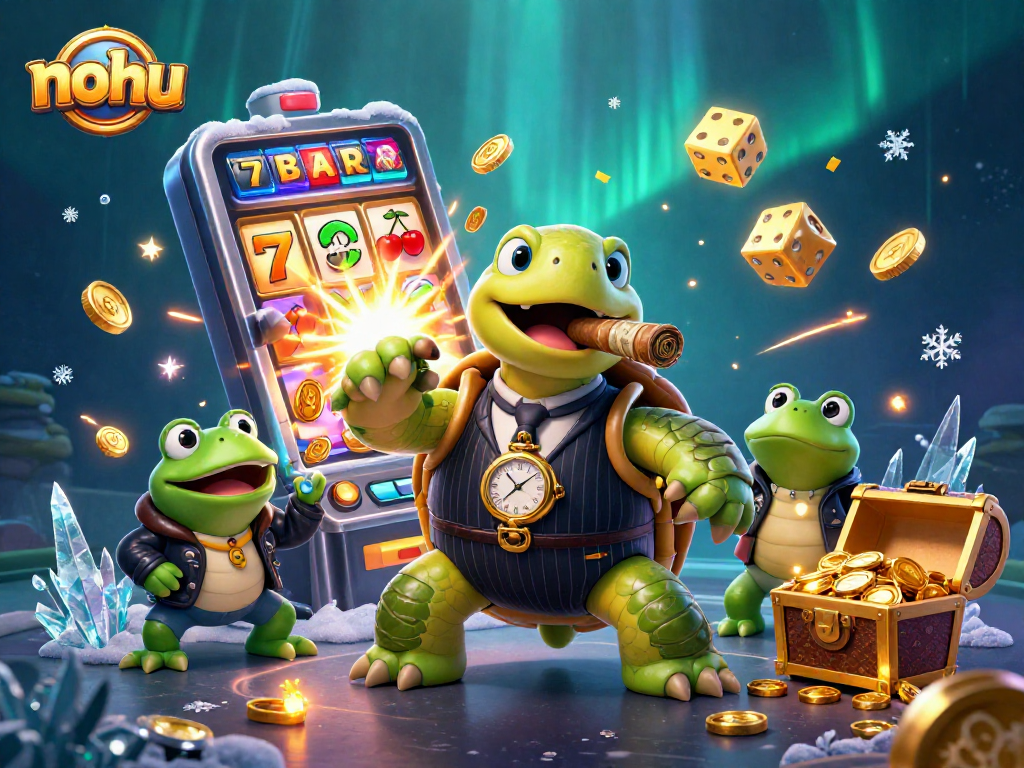 Nohu players experiencing excitement with a lively slot machine jackpot explosion and charming characters.