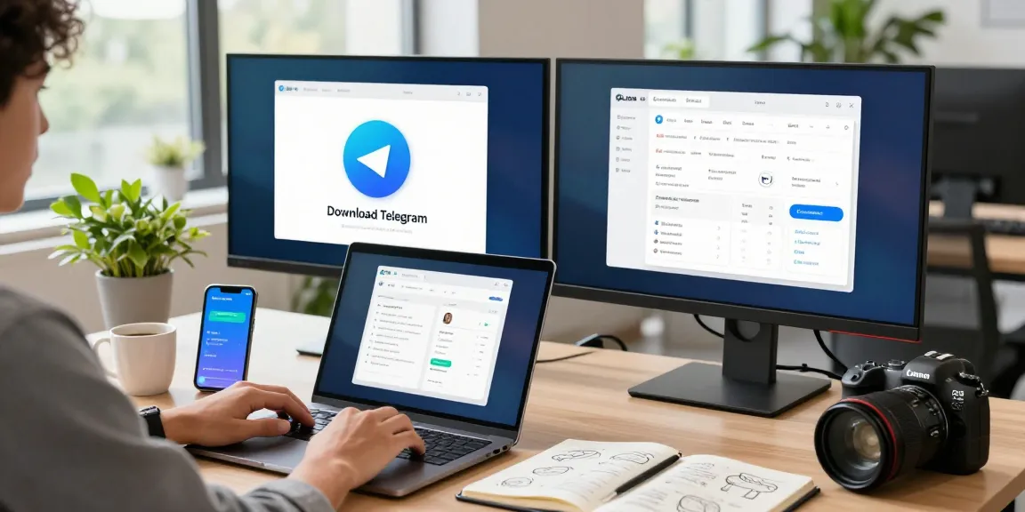 Download Telegram easily in a modern workspace with dual screens and natural light.