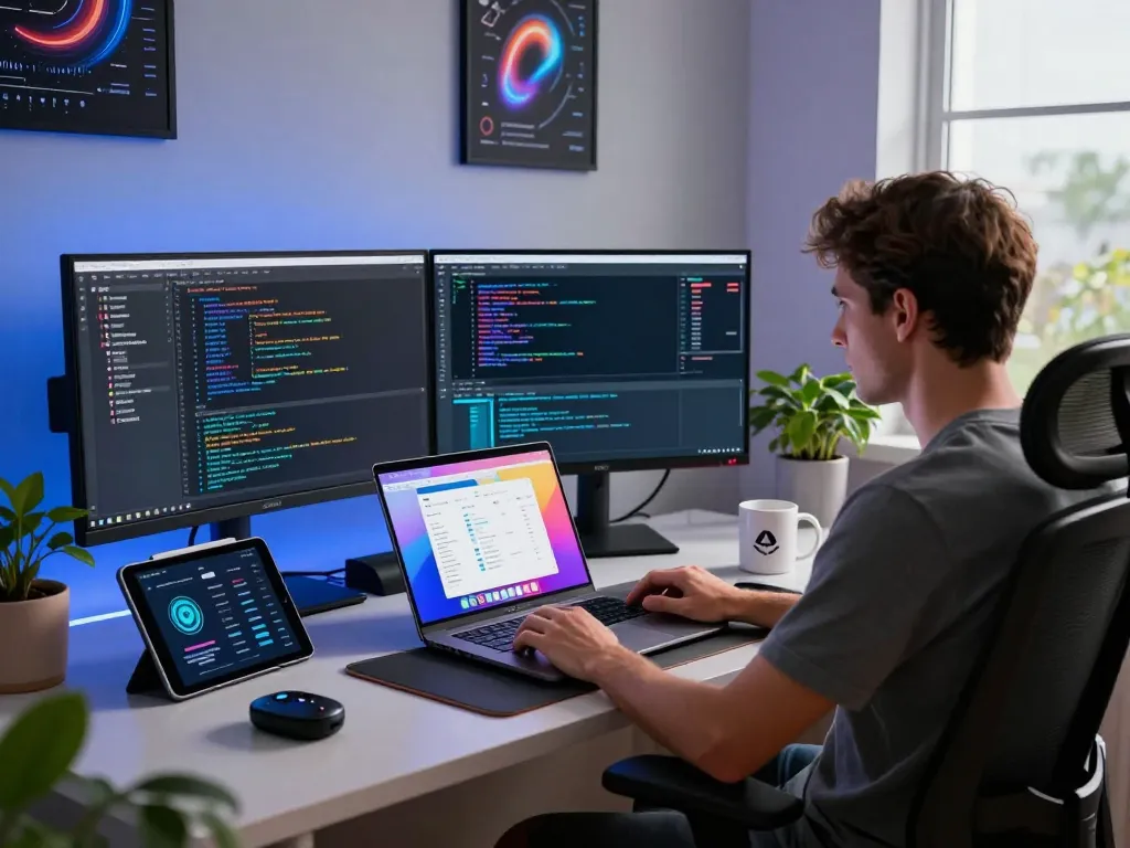 Developer using Clawdbot in a modern home office with dual monitors and tech gadgets.
