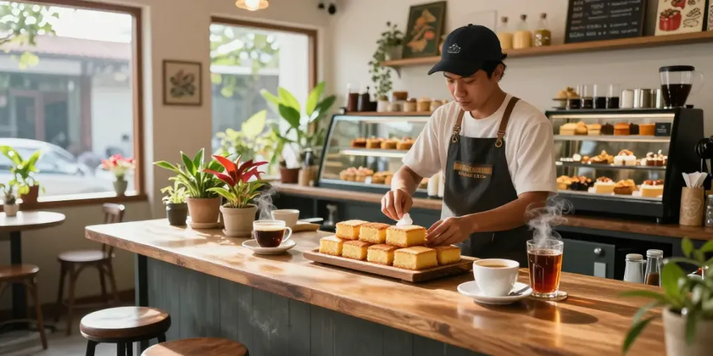 Freshly baked bolu bakar from rokok 88 served with coffee in a cozy café setting.
