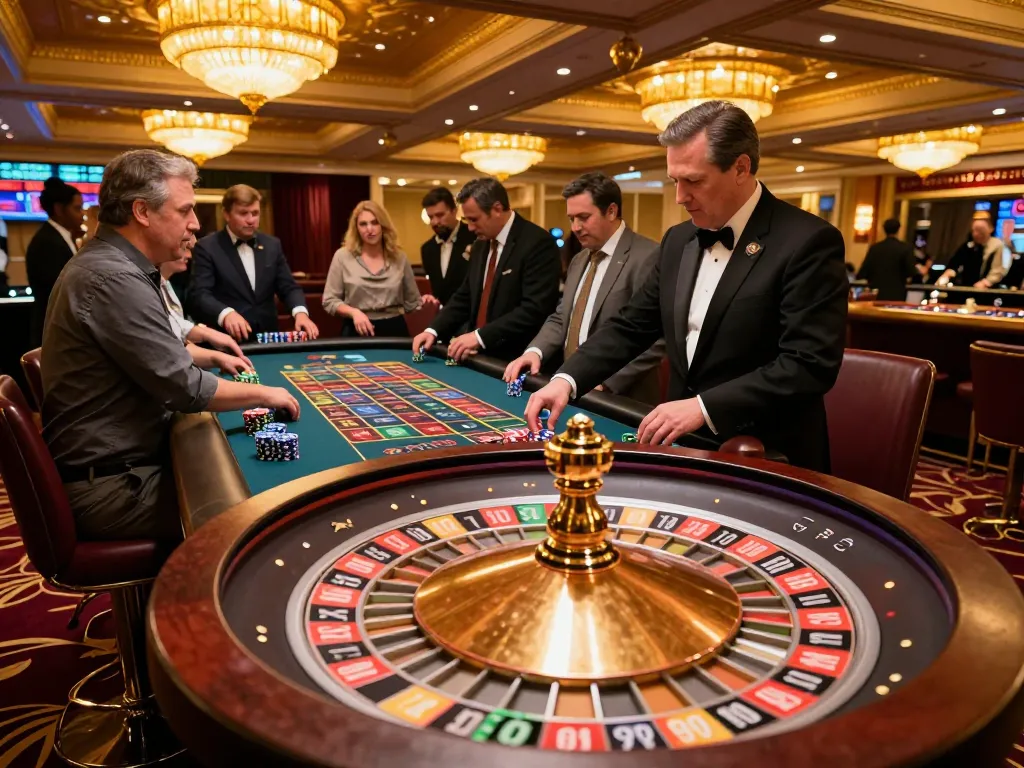 F168 players placing bets at an exciting roulette table in a vibrant casino scene