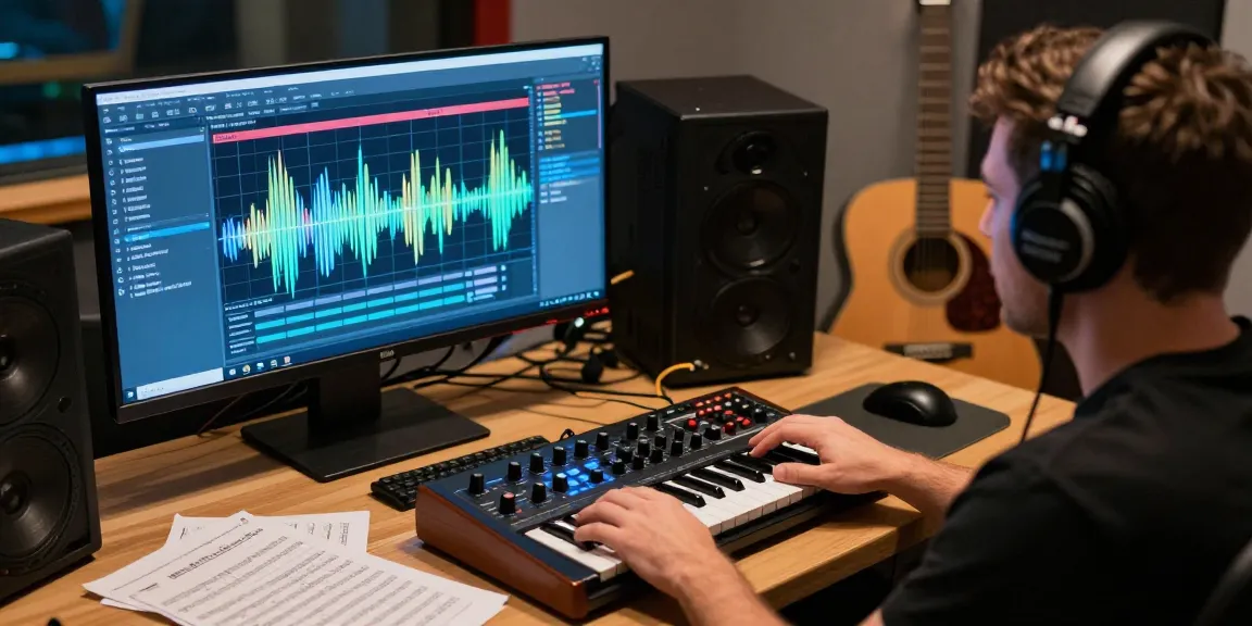 Musician using the SC88 sound module in a modern studio setup, showcasing creativity.