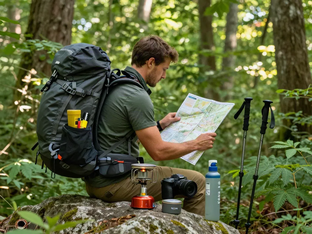 Adventure seeker using rokok88 camping gear in a scenic forest setting