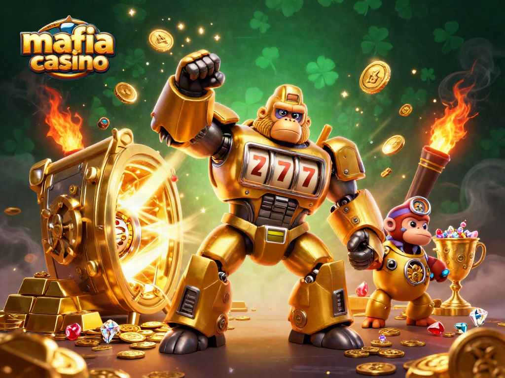 Experience the thrill at mafia casino with a powerful golden gorilla mech surrounded by dazzling treasures.