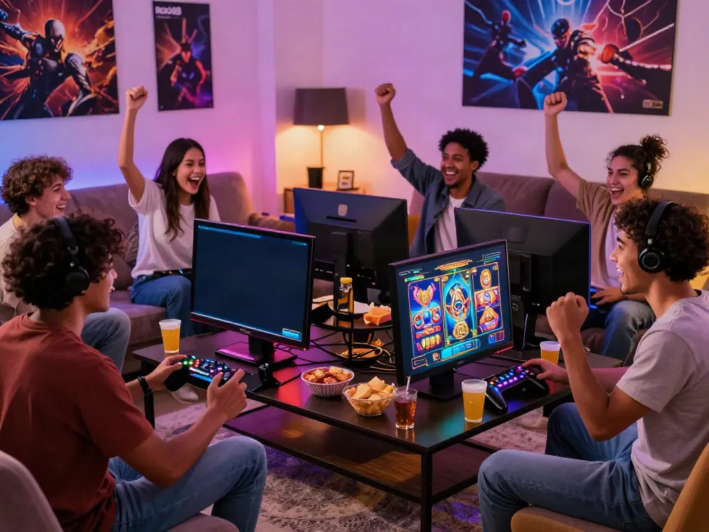 Exciting friends playing rokok88 slot game in a cozy living room full of snacks and laughter.